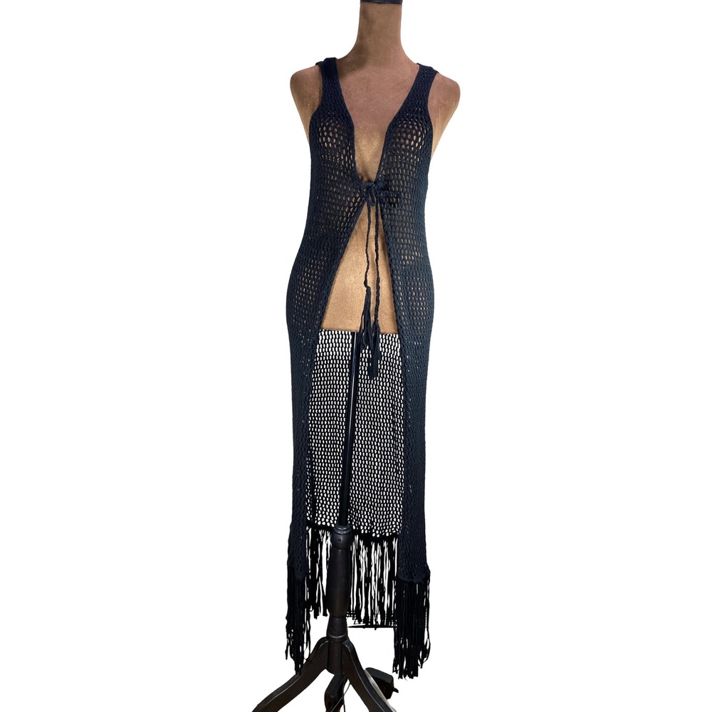 Nikki Poulos Black Crochet Knit Maxi Duster Vest Fringe Tassel Boho ML Festival